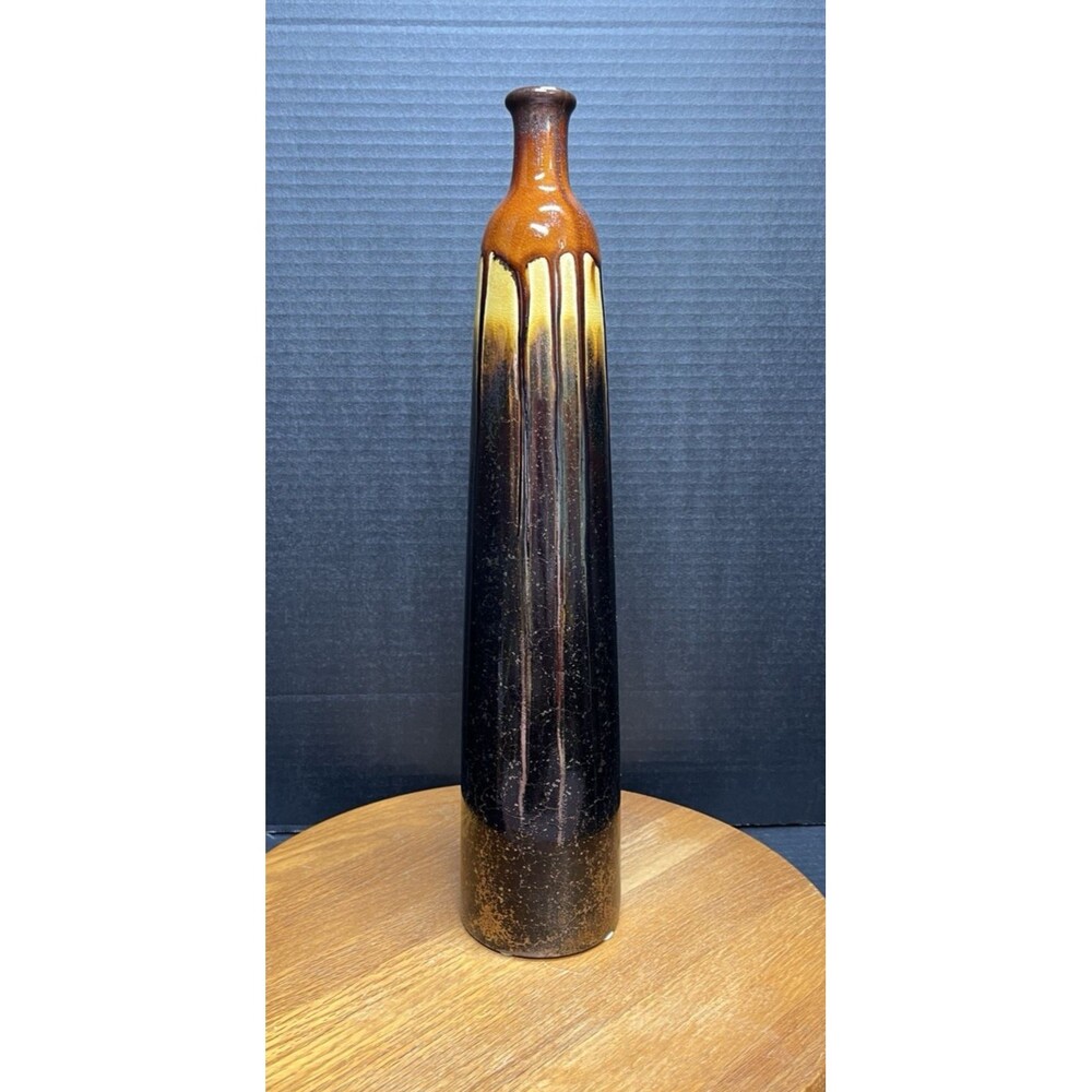 17" Tall Bottle-Shaped Brown-to-Amber Drip-Glaze Studio Pottery Vase Brutalist